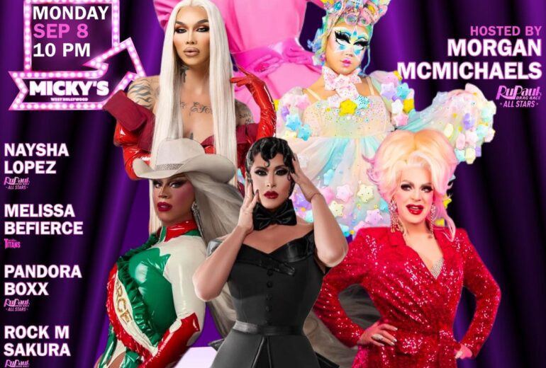 A vivid and colourful promotional poster for 'Showgirls WeHo' featuring five drag performers in dynamic and glamorous outfits, set against a purple background. The event is hosted by Morgan McMichaels at Micky's West Hollywood on Monday, September 8 at 10 PM.