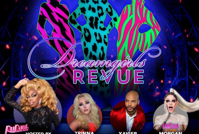 Promotional poster for the ‘Dreamgirls Revue’ at Micky’s West Hollywood, displaying vibrant neon patterns and images of the host Jasmine Masters and performers Trinna Modele, Xavier Valentino, and Morgan McMichaels. Event details include every Friday at 8:30 PM, highlighting a dynamic drag show with tickets available online.