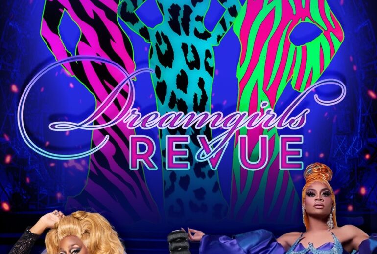 Promotional poster for 'Dreamgirls Revue' at Micky’s West Hollywood, showcasing vibrant drag queen performances every Friday at 8:30 PM. Hosted by Jasmine Masters and featuring Mayhem Miller, Dolly Levi, with special guest Heidi N. Closet. The layout is visually striking with bold colors and silhouettes of queens against a dynamic, illuminated stage backdrop.