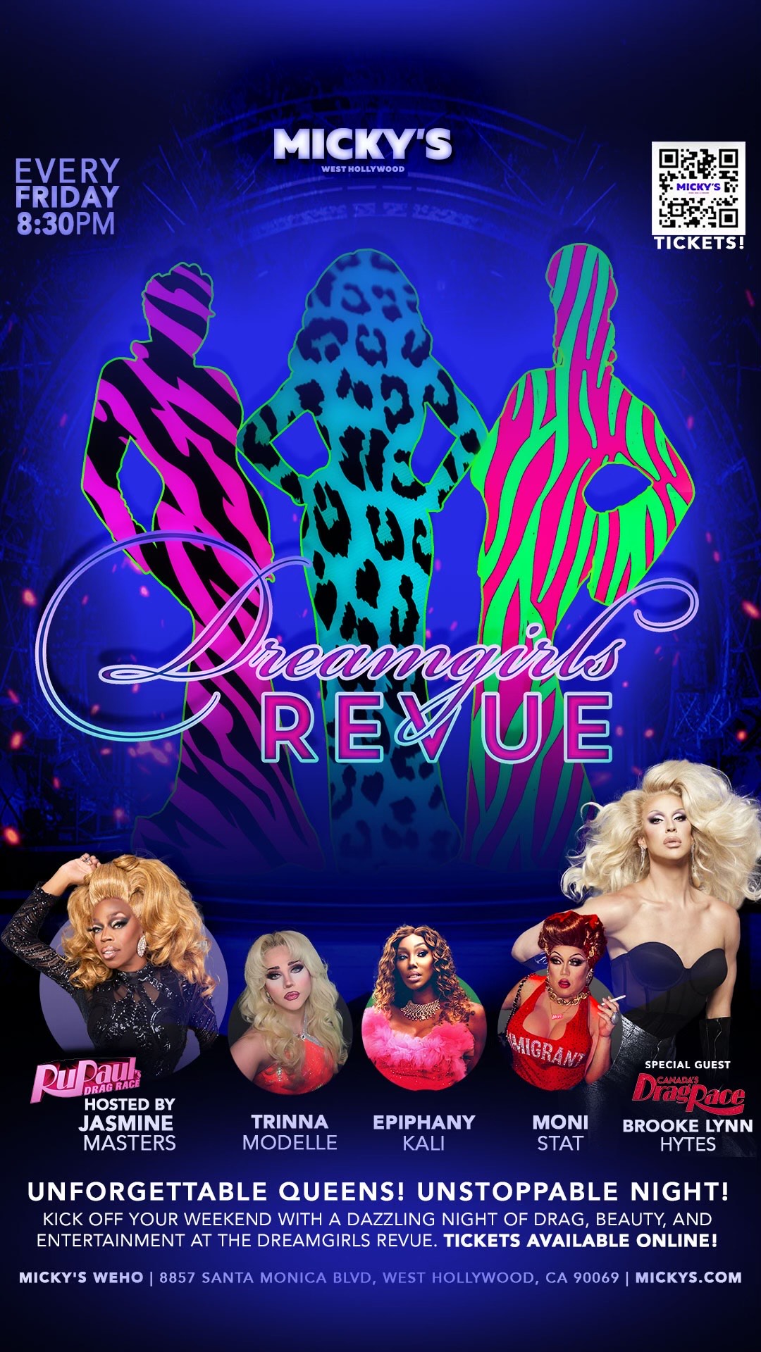 Promotional image for the 'Dreamgirls Revue' at Micky's West Hollywood features vibrant silhouettes and photos of performers Jasmine Masters, Trinna Modele, Epiphany Kali, Moni Stat, and Brooke Lynn Hytes against a colorful, animated background. The event is every Friday at 8:30 PM, highlighting a night of drag and entertainment.