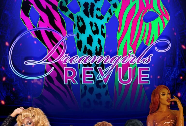 Promotional poster for the 'Dreamgirls Revue' at Micky’s West Hollywood, displaying a vibrant graphic with silhouette images of performers in pink and teal patterns and a blue stage background. Hosted by Jasmine Masters with performers Dolly Levi, Envi, Kristina Minka, and special guest Tayce. Event details include every Friday at 8:30 PM, with ticket information available via a QR code.