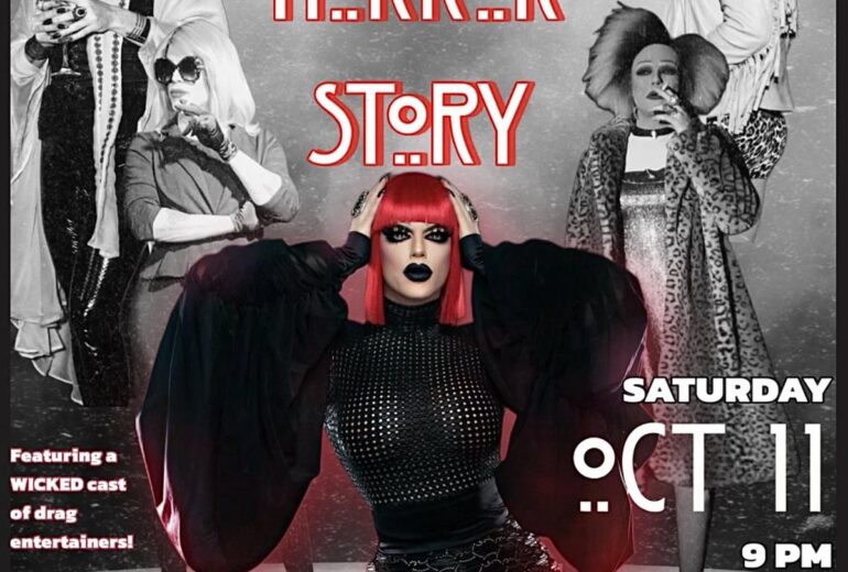 A Gothic-themed promotional poster for 'American Horror Story Night' at Micky's West Hollywood, featuring Morgan McMichaels and a captivating cast of drag entertainers in dramatic costumes against a grisly backdrop. The event details are Saturday, October 11 at 9 PM.