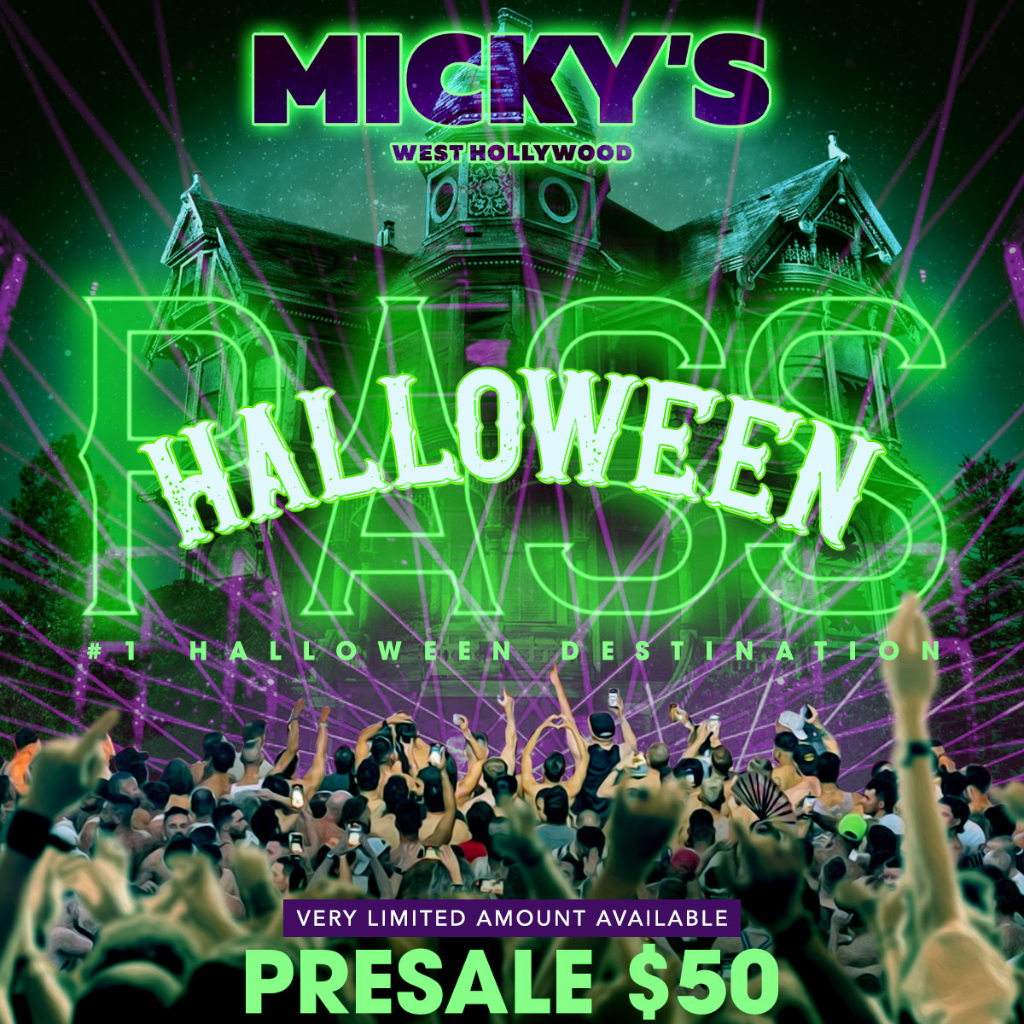 Promotional poster for 'Halloween' event at Micky’s West Hollywood showcasing crowds of party-goers in Halloween costumes, under vibrant purple and green lights, with text detailing a $50 presale for all day and night access on Friday October 31st at 8857 Santa Monica Blvd, West Hollywood, including after-hours events, front of line and in and out privileges.
