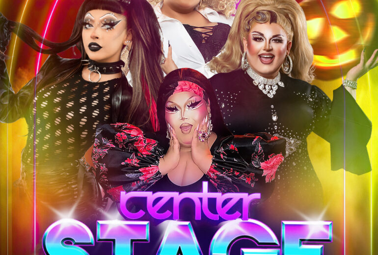 Promotional poster for the 'Center Stage' event at Micky's West Hollywood, featuring dramatic poses by drag performers Sabbyiana, Beatrix Kiddo, and Jenny Tonic, against a background of vibrant lights and colors. Hosted by Kiko Yama, the event is scheduled for 8 PM on Saturday, November 1st at 8857 Santa Monica Blvd.