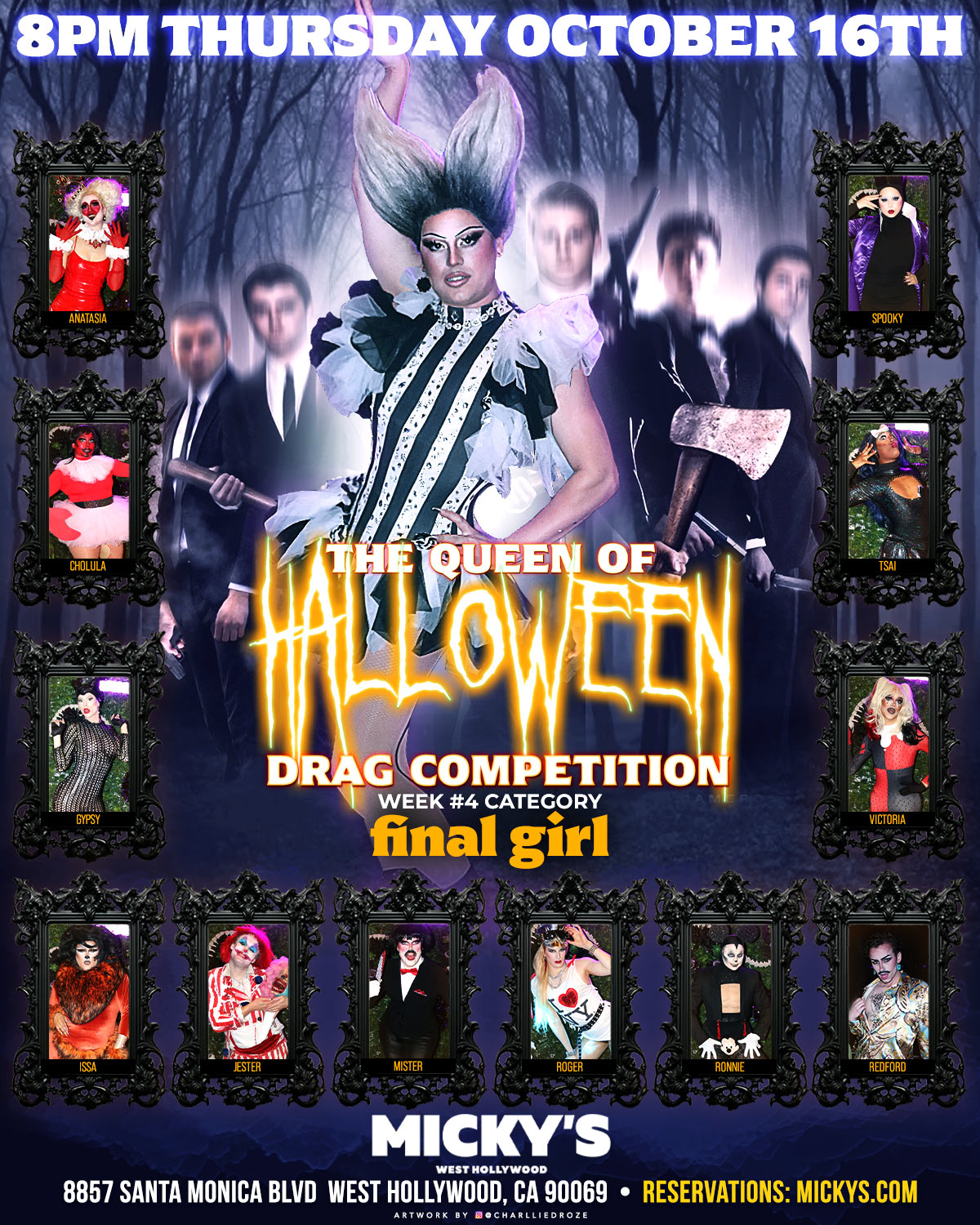Promotional poster for 'The Queen of Halloween' drag competition at Micky’s West Hollywood featuring a central figure in elaborate drag attire with a horror-inspired background. The poster includes multiple framed images of competing drag queens labeled with names such as Anastasia and Spooky. Event details state it takes place on Thursday, October 16th at 8 PM.