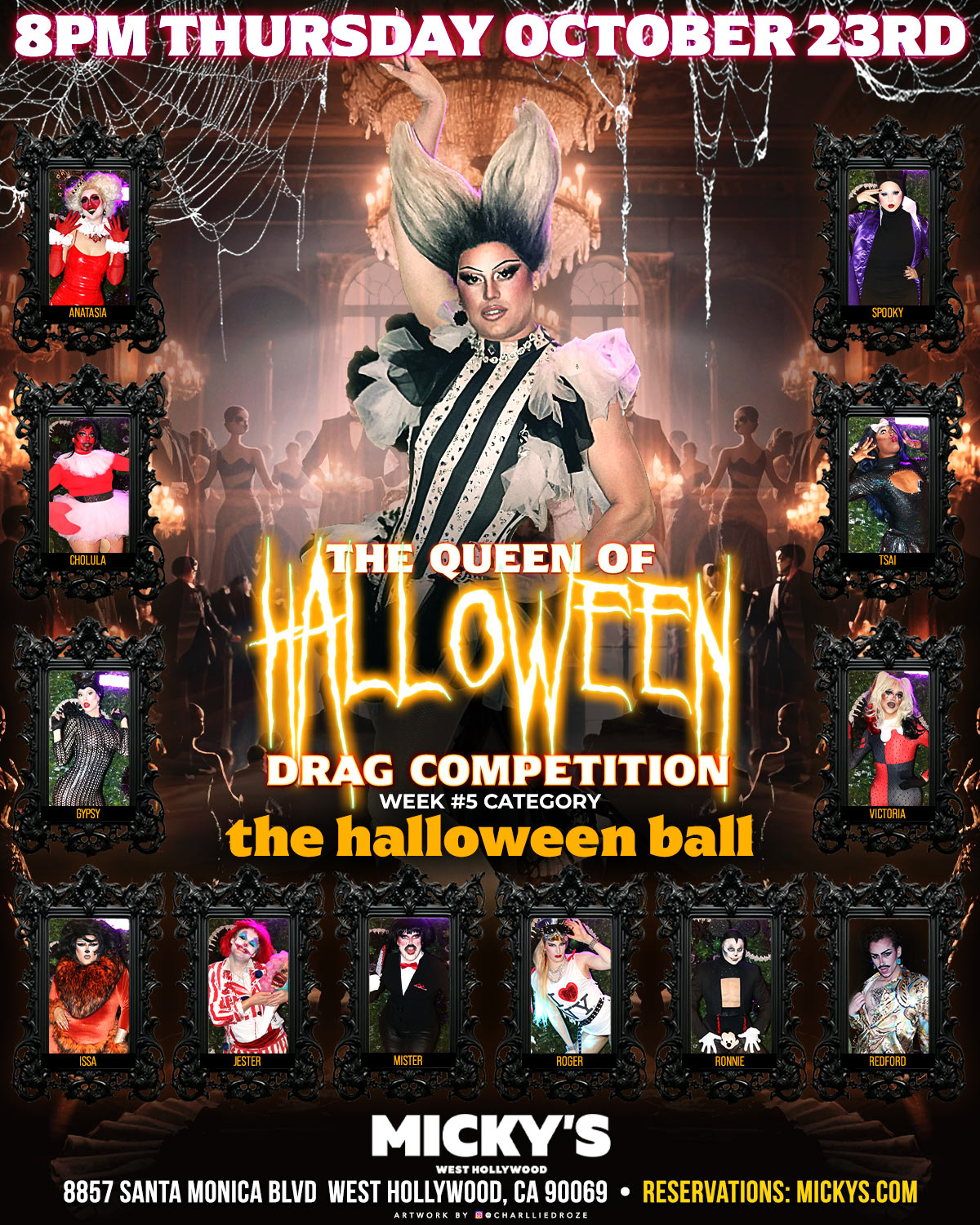 Promotional poster for 'The Queen of Halloween' drag competition at Micky's West Hollywood, featuring a performer in an elaborate black and white costume with the venue adorned in spooky Halloween decor. The event is on Thursday, October 23rd at 8 PM, showcasing multiple drag performers in themed frames including 'Anastasia' and 'Spooky'.