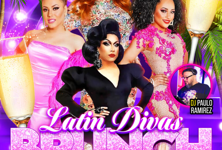 Event poster for 'Latin Divas Brunch' at Micky's West Hollywood showcasing drag performers Jessy Cruz, Von Teese Ross, and Vicky Chavarria with host Maritza Alvares, set against a background of bright pink sparkles and palm trees. The event details include brunch at 1 PM, Sunday October 12th, and DJ Paulo Ramirez on the mix.