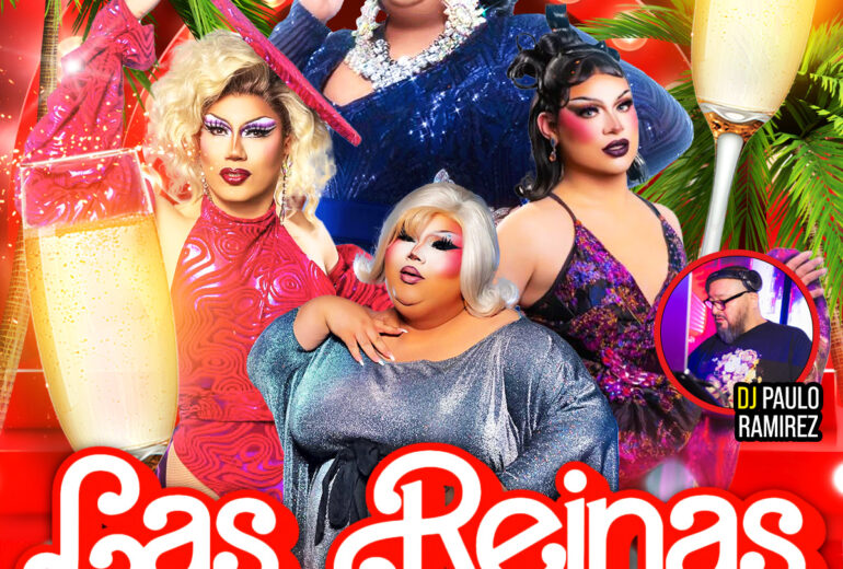 Promotional poster for 'Las Reinas Latin Drag Brunch' at Micky's West Hollywood, showcasing three vibrant drag performers in glamorous attire and colorful makeup highlighted by tropical imagery and champagne accents. Hosted by Robbie Osa, the event features performers Natasha Hundreds, Beatrix Kiddo, and Artz Black and includes music by DJ Paulo Ramirez. The event is on Sunday, October 19th, 1 PM at 8857 Santa Monica Blvd.