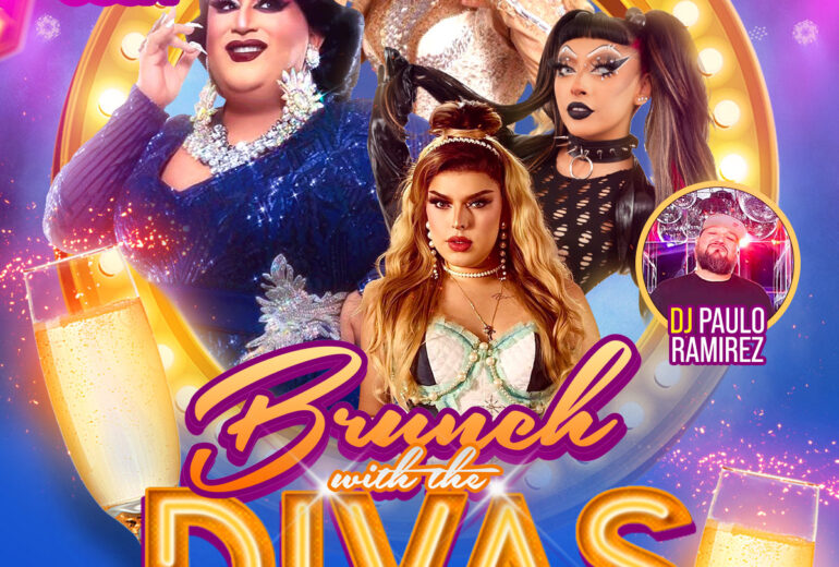 Promotional image for 'Brunch with the Divas' at Micky's West Hollywood, featuring Robbie Ossa as the host with La Chiquis, Sabbyiana, and Catalina Legrande. DJ Paulo Ramirez is also featured. The event is set for 1 PM on Saturday, October 11th, highlighted by a champagne glass. Venue details and the Micky's logo are present.