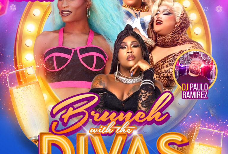 Promotional poster for 'Brunch with the Divas' at Micky's West Hollywood, featuring LaDon Amour as host, with performers Kiko Yama, Isabella Muah, and Porshaa LeJay, and DJ Paulo Ramirez. The event showcases bold drag fashion against a vibrant, colorful background.