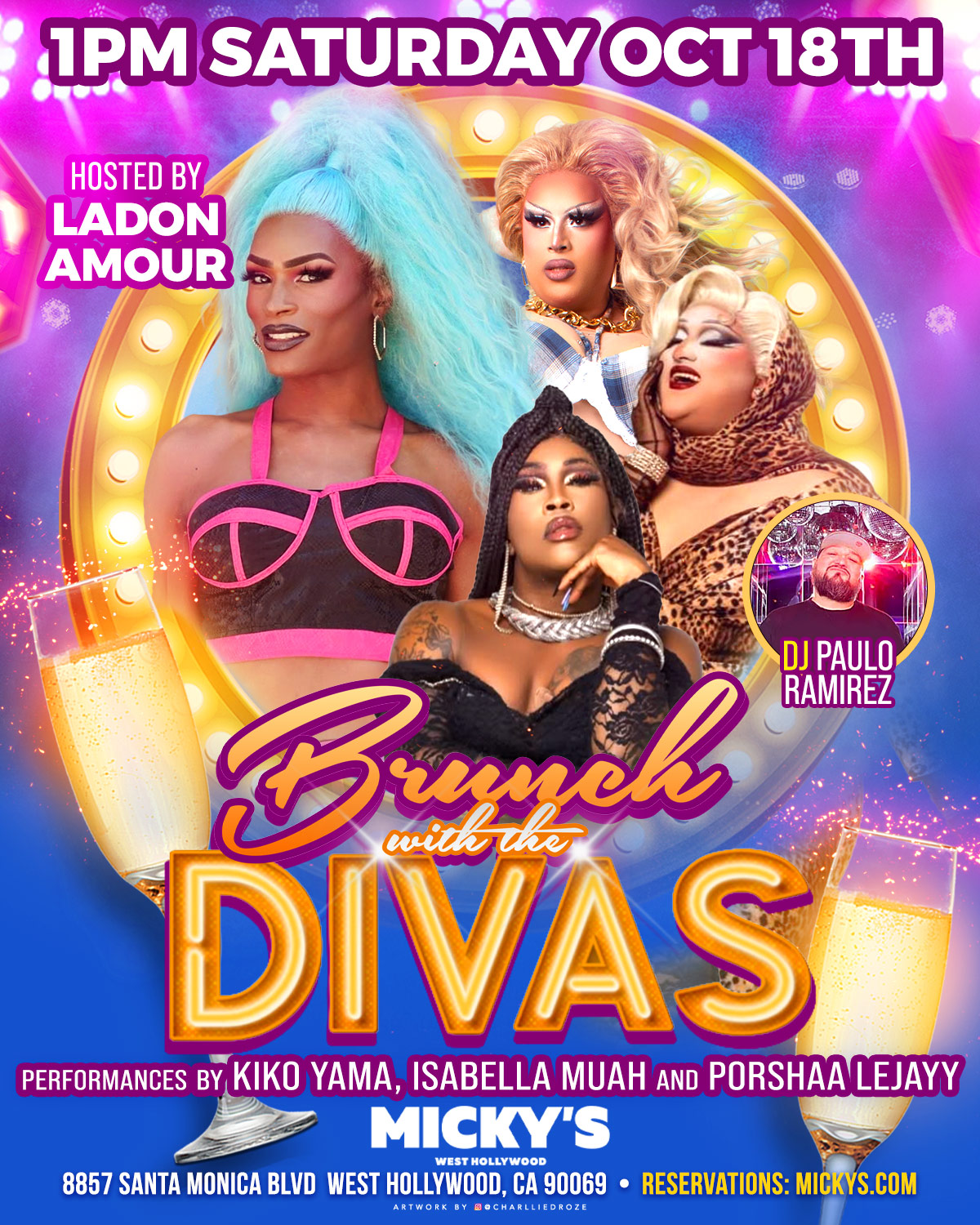 Promotional poster for 'Brunch with the Divas' at Micky's West Hollywood, featuring LaDon Amour as host, with performers Kiko Yama, Isabella Muah, and Porshaa LeJay, and DJ Paulo Ramirez. The event showcases bold drag fashion against a vibrant, colorful background.