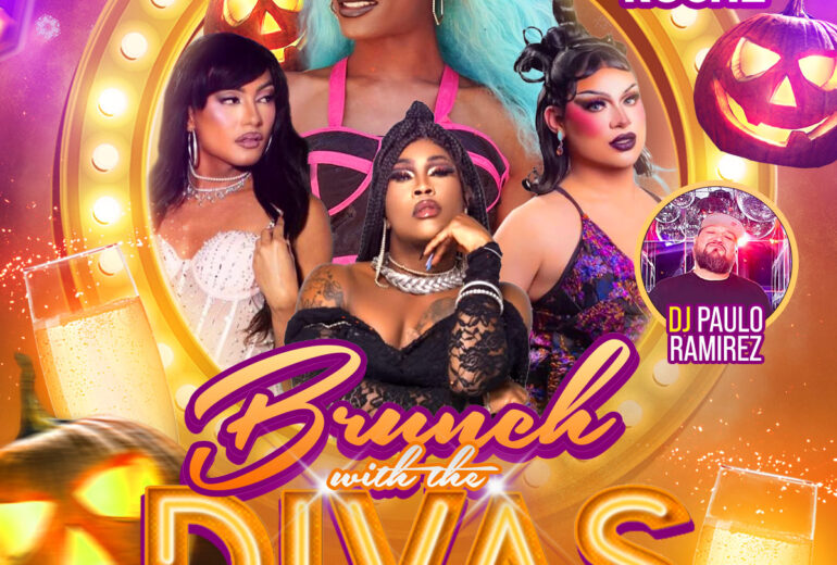 Promotional poster for 'Brunch with the Divas' at Micky's West Hollywood on Saturday, Nov 1st, hosted by La'Don Amour Roche. Featuring performers Mariana, Porshaa LeJayy, and Artz Black with DJ Paulo Ramirez. The design includes vibrant purple and orange colors, festive Halloween pumpkin decorations, and sparkling drink imagery.