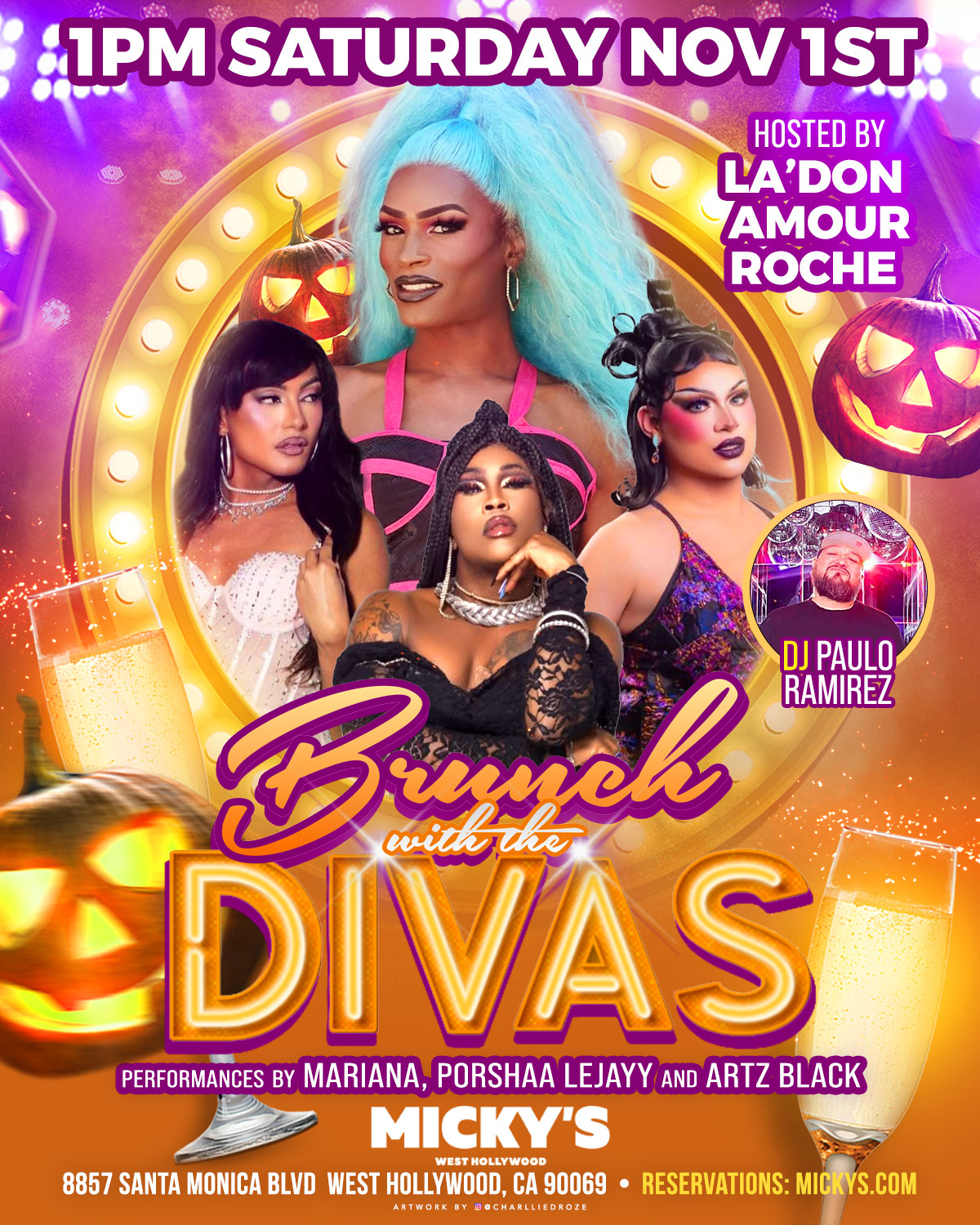 Promotional poster for 'Brunch with the Divas' at Micky's West Hollywood on Saturday, Nov 1st, hosted by La'Don Amour Roche. Featuring performers Mariana, Porshaa LeJayy, and Artz Black with DJ Paulo Ramirez. The design includes vibrant purple and orange colors, festive Halloween pumpkin decorations, and sparkling drink imagery.