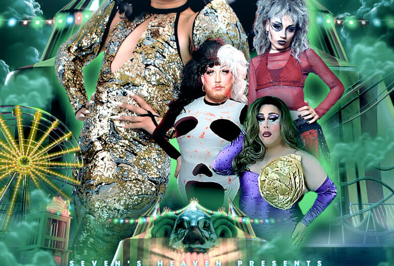 Promotional poster for 'Freakshow,' hosted by Seven featuring performances by Yza, Tierra Dactyl, Alexander the Queen, and Victoria Blossom at Micky's West Hollywood on a stormy green and blue neon background. Event details: October 13, 8 PM, at 8857 Santa Monica Blvd, West Hollywood, CA 90069.