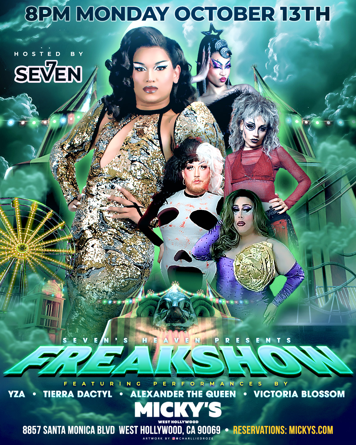 Promotional poster for 'Freakshow,' hosted by Seven featuring performances by Yza, Tierra Dactyl, Alexander the Queen, and Victoria Blossom at Micky's West Hollywood on a stormy green and blue neon background. Event details: October 13, 8 PM, at 8857 Santa Monica Blvd, West Hollywood, CA 90069.