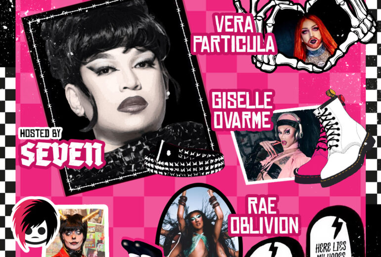 Promotional poster for 'Emo Nite' at Micky’s West Hollywood, featuring event details and images of hosts and performers against a pink and black checkered background. Performers pictured include Seven, Vera Particula, Giselle Ovarme, Nova Necrophiliac, and Rae Oblivion. The event is on Monday, October 20th at 8 PM.