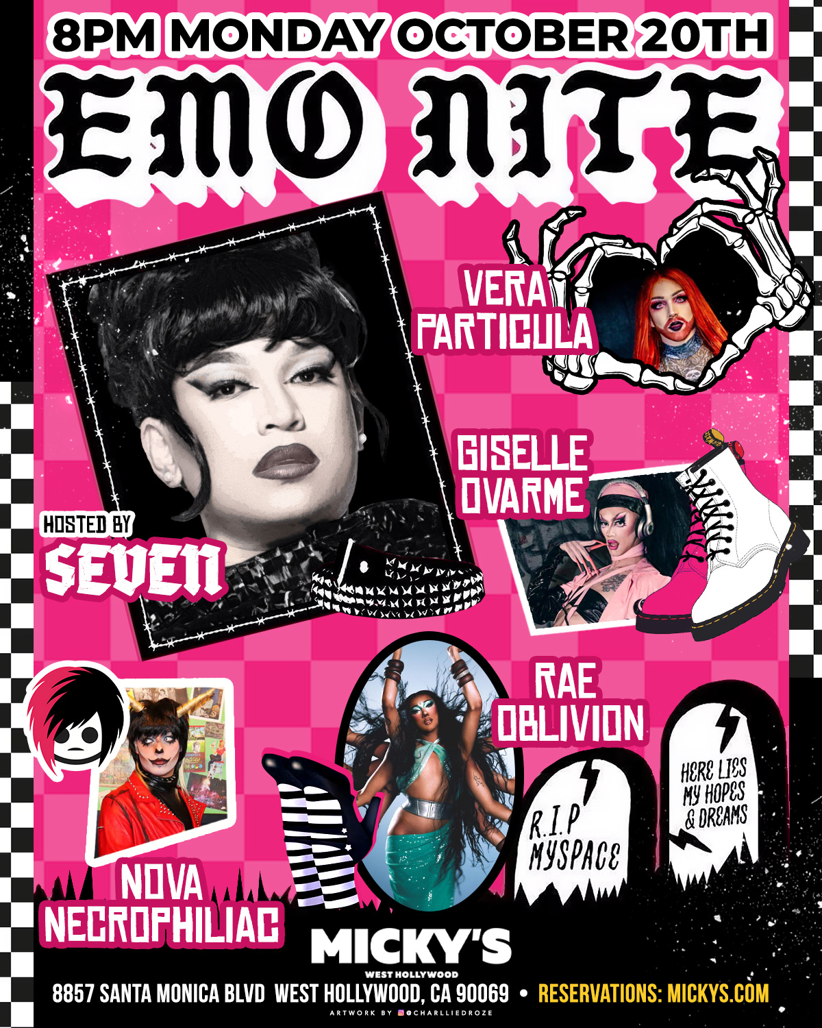 Promotional poster for 'Emo Nite' at Micky’s West Hollywood, featuring event details and images of hosts and performers against a pink and black checkered background. Performers pictured include Seven, Vera Particula, Giselle Ovarme, Nova Necrophiliac, and Rae Oblivion. The event is on Monday, October 20th at 8 PM.