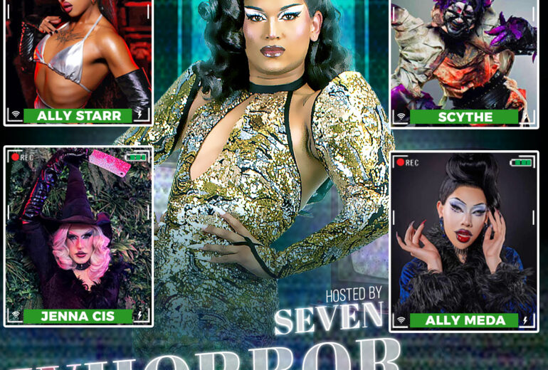 A dynamic promotional poster for 'Whorror Night' at Micky’s West Hollywood, featuring glamorous and eerie characters like Ally Starr, Scythe, and Jenna Cis in horror-themed costumes, hosted by Seven. Event details highlight an 8 PM start on Monday, October 27th, with costumes encouraged and a costume contest at 8857 Santa Monica Blvd.