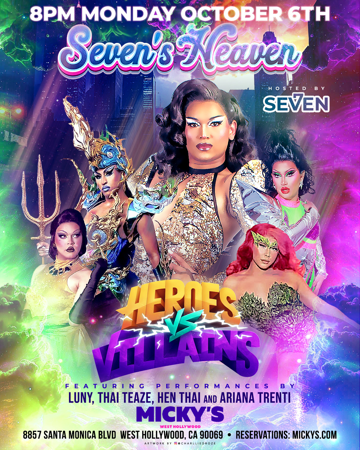 Promotional poster for 'Heroes vs Villains' night on October 6th at Micky's West Hollywood, featuring host Seven and performers Luny, Thai Teaze, Hen Thai, and Ariana Trenti in elaborate hero and villain costumes. Event shows at 8 PM at 8857 Santa Monica Blvd. Artwork by McharlieRoez.