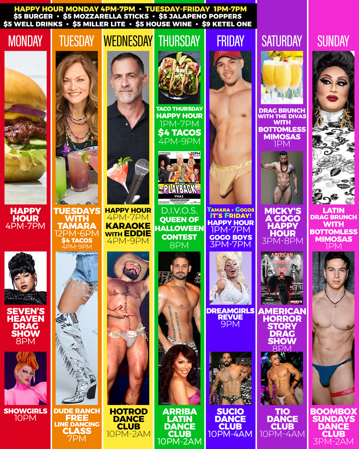 An event schedule poster for Micky's West Hollywood showcasing themed days and events. Notably, 'Happy Hour Karaoke with Eddie' occurs on Wednesday from 4 PM to 9 PM, featuring a casual theme with a standout image of Eddie, an energetic host set against a simple yet inviting backdrop.