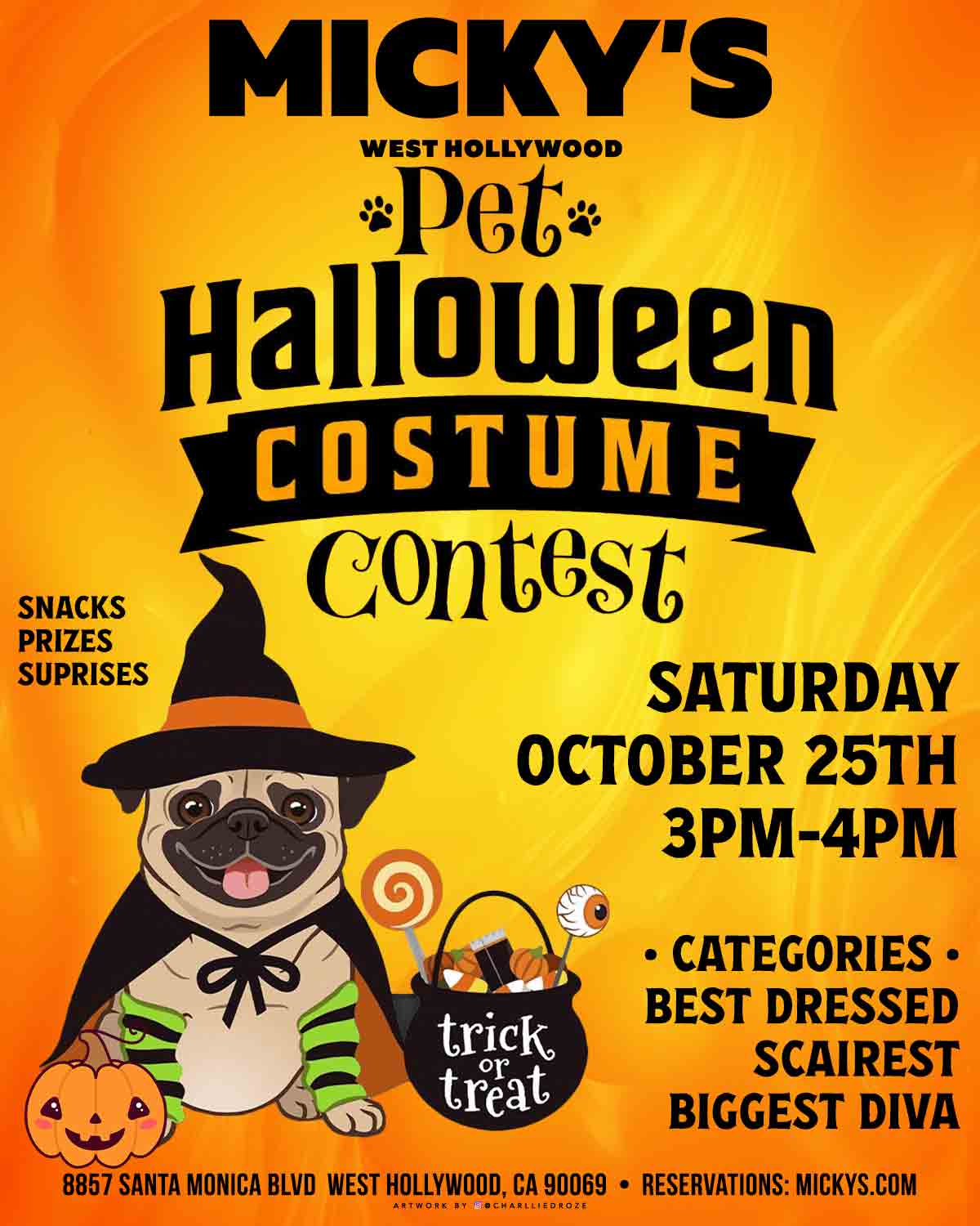 Promotional poster for Micky’s West Hollywood Pet Halloween Costume Contest. Features a pug in a witch costume with a hat and striped tie, holding a trick-or-treat bucket. Event on Saturday, October 25th, from 3 PM to 4 PM at 8857 Santa Monica Blvd. Categories include Best Dressed, Scariest, Biggest Diva.