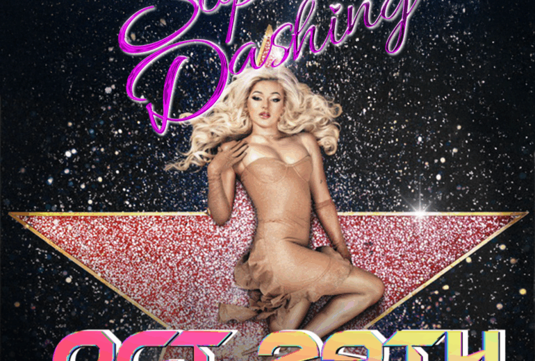 Promotional poster for a live performance by Sophia Sashing at Micky’s West Hollywood. Event titled 'Sophia Sashing' in vibrant pink neon-style on a sparkling celestial background, featuring a glamorous portrait of Sophia. Event details included; doors open at 9:00 PM, and the main event starts at 12:30 AM on October 29th.