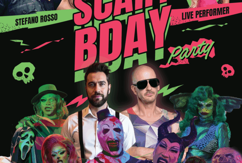 A vibrant Halloween-themed promotional poster for 'Stefano's Scary Birthday Bash' at Micky’s West Hollywood, featuring various costumed characters like a zombie and a drag performer in spooky makeup. Event includes life performances and DJ sets from Nathan and DJ Euro Steve, scheduled for Wednesday, October 29th.