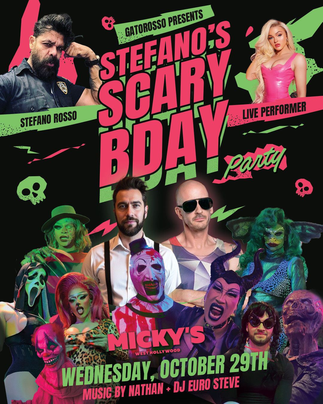 A vibrant Halloween-themed promotional poster for 'Stefano's Scary Birthday Bash' at Micky’s West Hollywood, featuring various costumed characters like a zombie and a drag performer in spooky makeup. Event includes life performances and DJ sets from Nathan and DJ Euro Steve, scheduled for Wednesday, October 29th.