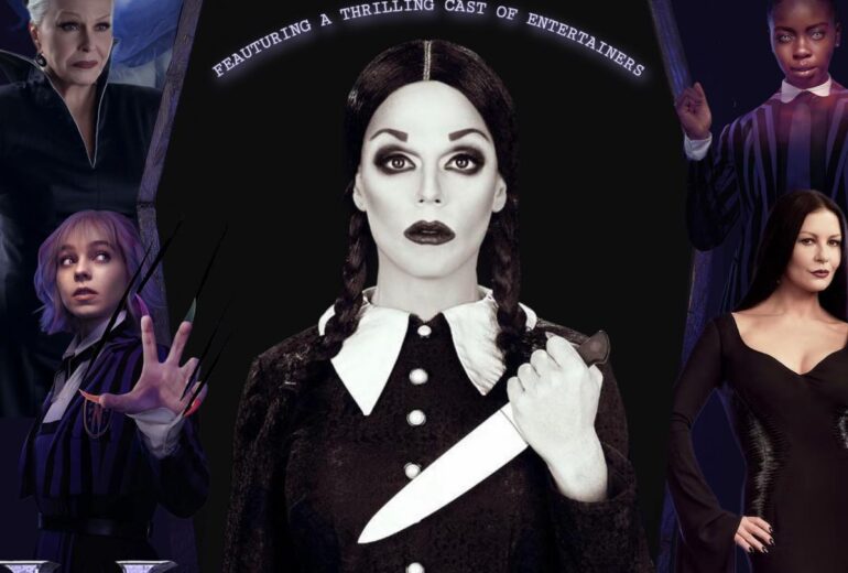 A promotional poster for 'Wednesday - A Drag Tribute Show' at Micky’s West Hollywood. It features Morgan McMichaels and a cast depicting gothic and horror characters including a dark-clad woman resembling Wednesday Addams. Event details state October 18, Saturday at 9 PM.