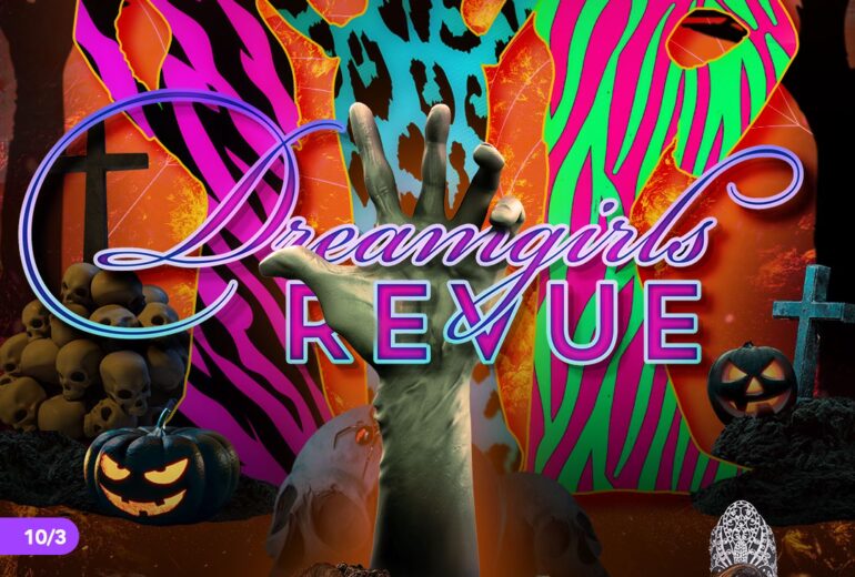 A vibrant promotional poster for 'Dreamgirls Revue' at Micky's West Hollywood, featuring an artistic silhouette design with neon colors and a Halloween theme backdrop. The event showcases performers like Jasmine Masters, Angel, Dolly Levi, and Fantasia L'Amour. Scheduled for Fridays at 8:30 PM, starting October 3rd, 2025. Tickets are available online.