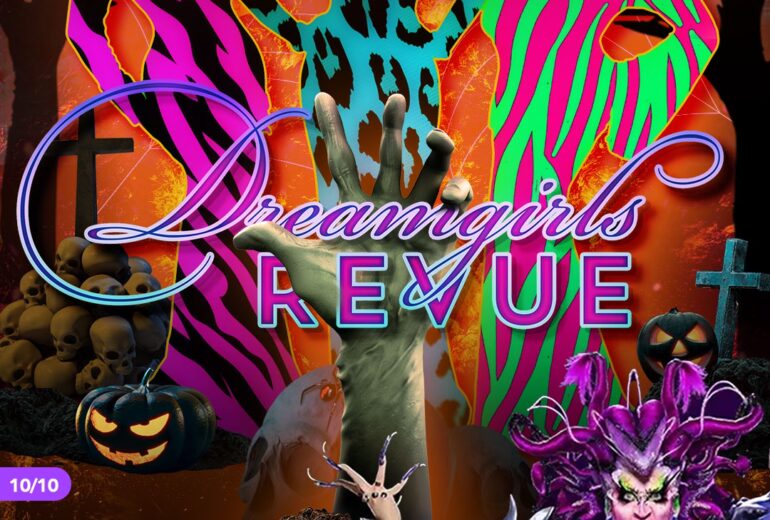 A vibrant promotional poster for the 'Dreamgirls Revue' at Micky's West Hollywood. Features silhouettes of drag performers in bold neon colors against a spooky-themed backdrop with Halloween elements like pumpkins and cobwebs. Event details include every Friday at 8:30 PM, with a list of performers such as Jasmine Masters and special guest Acid Betty.