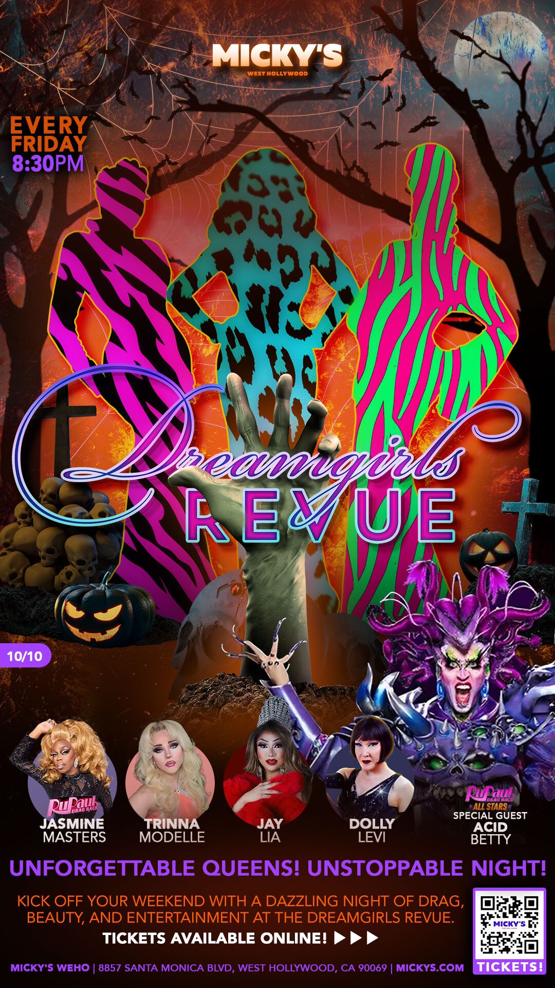 A vibrant promotional poster for the 'Dreamgirls Revue' at Micky's West Hollywood. Features silhouettes of drag performers in bold neon colors against a spooky-themed backdrop with Halloween elements like pumpkins and cobwebs. Event details include every Friday at 8:30 PM, with a list of performers such as Jasmine Masters and special guest Acid Betty.