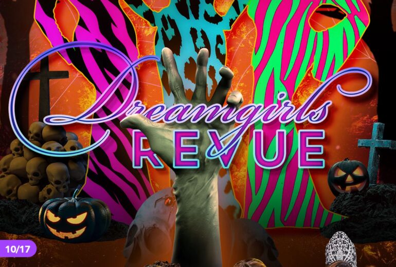 Promotional poster for 'Dreamgirls Revue' at Micky’s West Hollywood, showing vibrant silhouettes against a spooky, festive backdrop with Halloween decorations. Event happens every Friday at 8:30 PM, featuring Jasmine Masters, Dolly Levi, Stasha Sanchez, and Fantasia L’Amour.