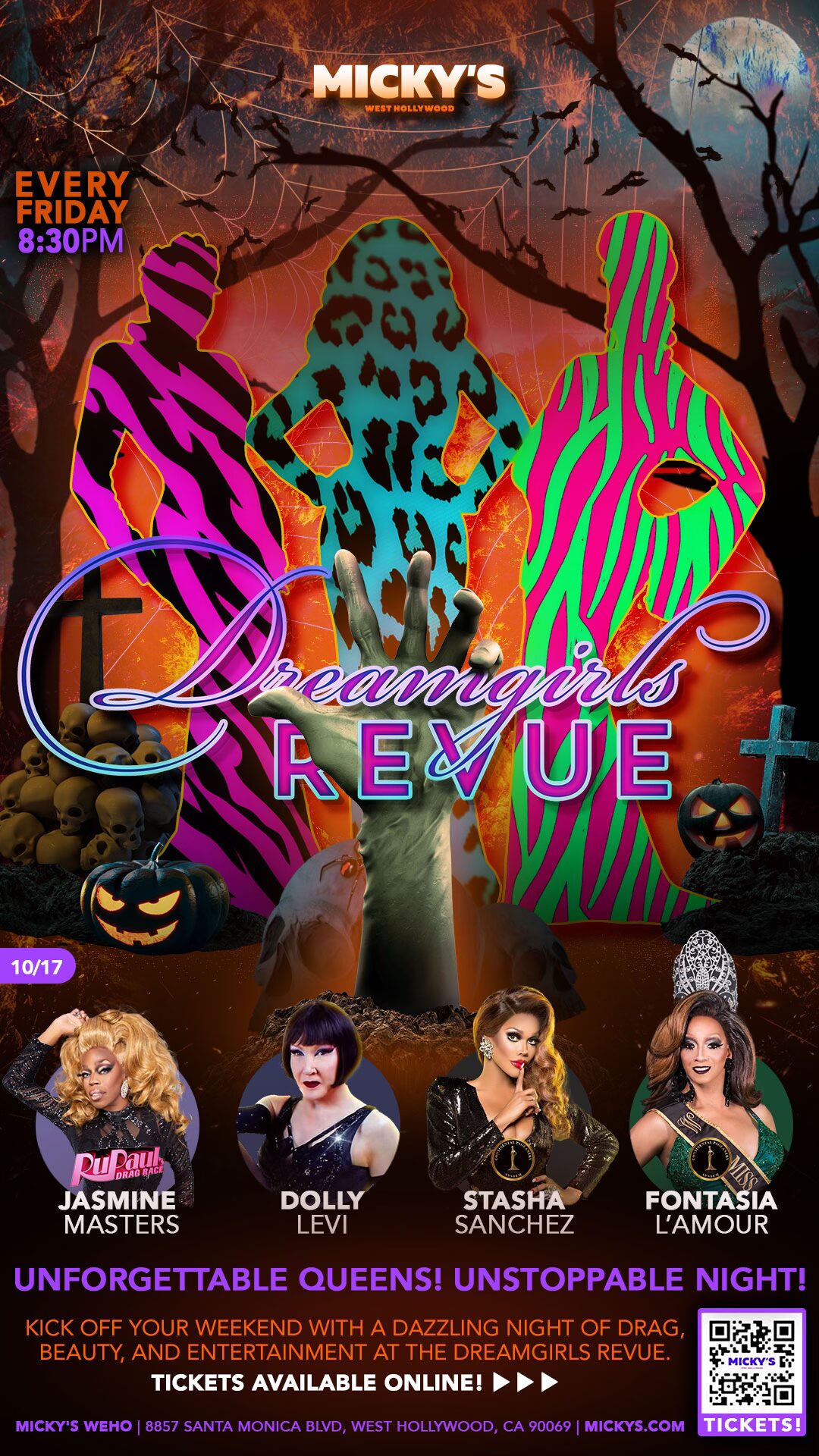 Promotional poster for 'Dreamgirls Revue' at Micky’s West Hollywood, showing vibrant silhouettes against a spooky, festive backdrop with Halloween decorations. Event happens every Friday at 8:30 PM, featuring Jasmine Masters, Dolly Levi, Stasha Sanchez, and Fantasia L’Amour.