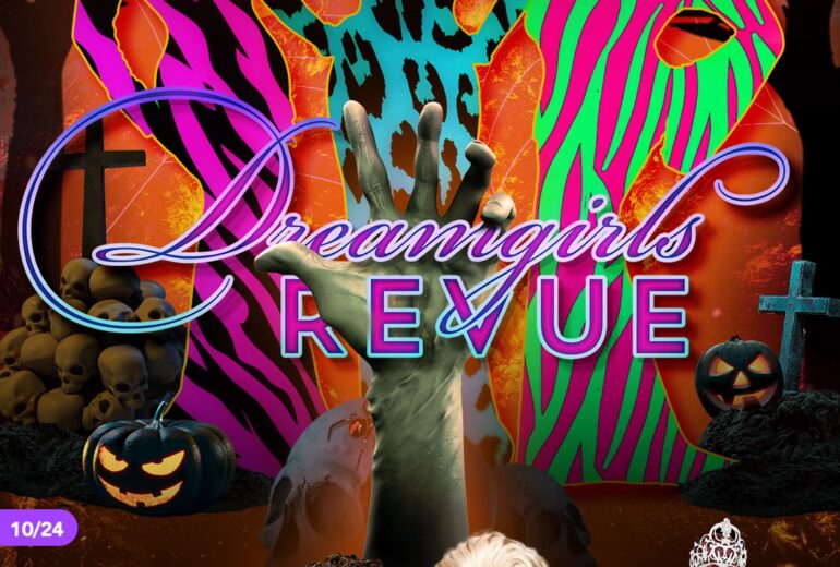 Promotional poster for 'Dreamgirls Revue' at Micky's West Hollywood, showcasing performers April Carrión, Trinna Modelle, Miz Tonz Massacr, and Jazmyn Simone-Echelon against a vibrant Halloween-themed backdrop with bold prints and autumn motifs. Details listed for an event on October 24th at 8:30 PM.