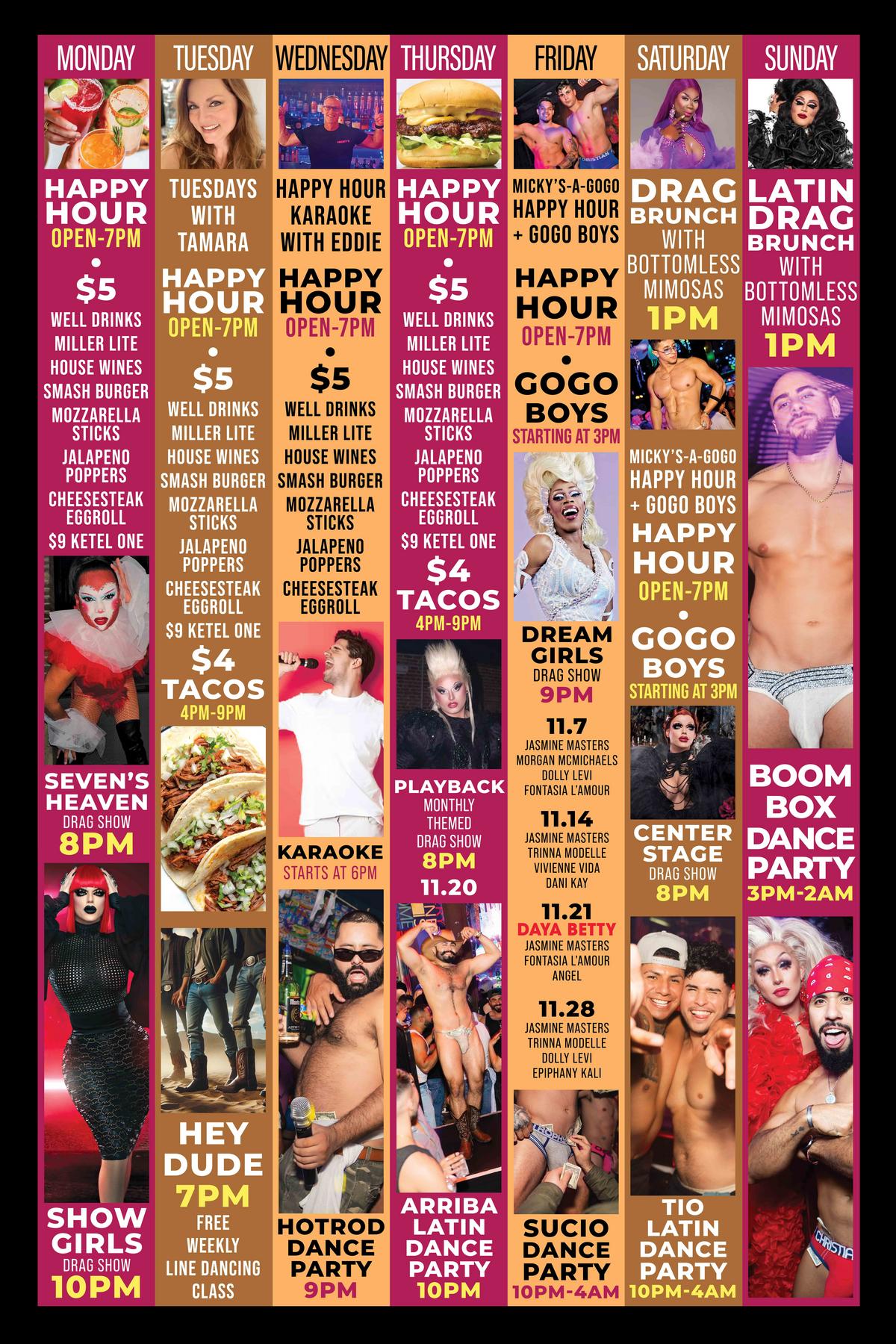 wednesday-night-karaoke-with-eddie.jpg A vibrant karaoke event poster for 'Wednesday Night Karaoke with Eddie' at Micky’s West Hollywood. Features include a dynamic close-up photo of Eddie with a microphone. The background is vivid with a bustling crowd scene suggesting a lively event atmosphere. Event details note $5 drink specials on wells, beers, and house wines from 6 PM to 9 PM.