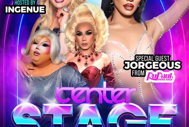 A promotional poster for 'Center Stage' at Micky's West Hollywood, featuring the event's host Engenue and performers Jorgeous (special guest from RuPaul's Drag Race), Beetrix Kiddo, and Paloma Mcmichaels, set against a vibrant neon-lit background reflecting the energetic nightlife vibe. The event is scheduled for 8 PM on Saturday, November 8th, at 8857 Santa Monica Blvd, West Hollywood.