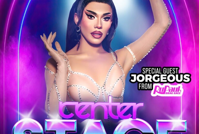 Event poster for 'Center Stage' at Micky’s West Hollywood featuring Gorgeous from RuPaul's Drag Race. Showcasing a glamorous performer in an embellished white outfit, under vibrant pink and blue stage lights. Event on Saturday, November 8th at 8 PM.