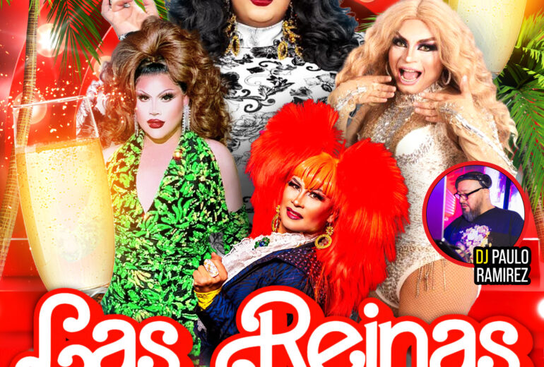 Promotional poster for 'Las Reinas Latin Drag Brunch' at Micky’s West Hollywood, featuring Robbie Osa in a glamorous black and white dress, DJ Paulo Ramirez, and vibrant drag performers Paradox in green, Amazona in orange, and La Chiquis in red. The event includes brunch, cocktails, and spectacular performances, scheduled for 1 PM on Sunday, November 9th.