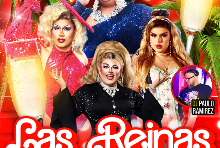 Promotional poster for 'Las Reinas Latin Drag Brunch' at Micky’s West Hollywood, featuring host Robbie Osa and performances by Natasha Hundreds, Jenny Tonic, and Catalina La Grande with DJ Paulo Ramirez. The event includes brilliant drag outfits, champagne glasses, and festive elements, scheduled for Sunday, November 16th at 1 PM.