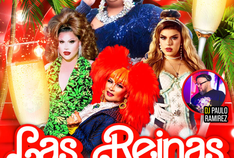 A vibrant promotional poster for 'Las Reinas Latin Drag Brunch' at Micky's West Hollywood, featuring Robbie Osa and performers Paradox, Amazona, and Catalina La Grande in colorful costumes. Event details include the time as 1 PM on November 30th with DJ Paulo Ramirez's appearance.