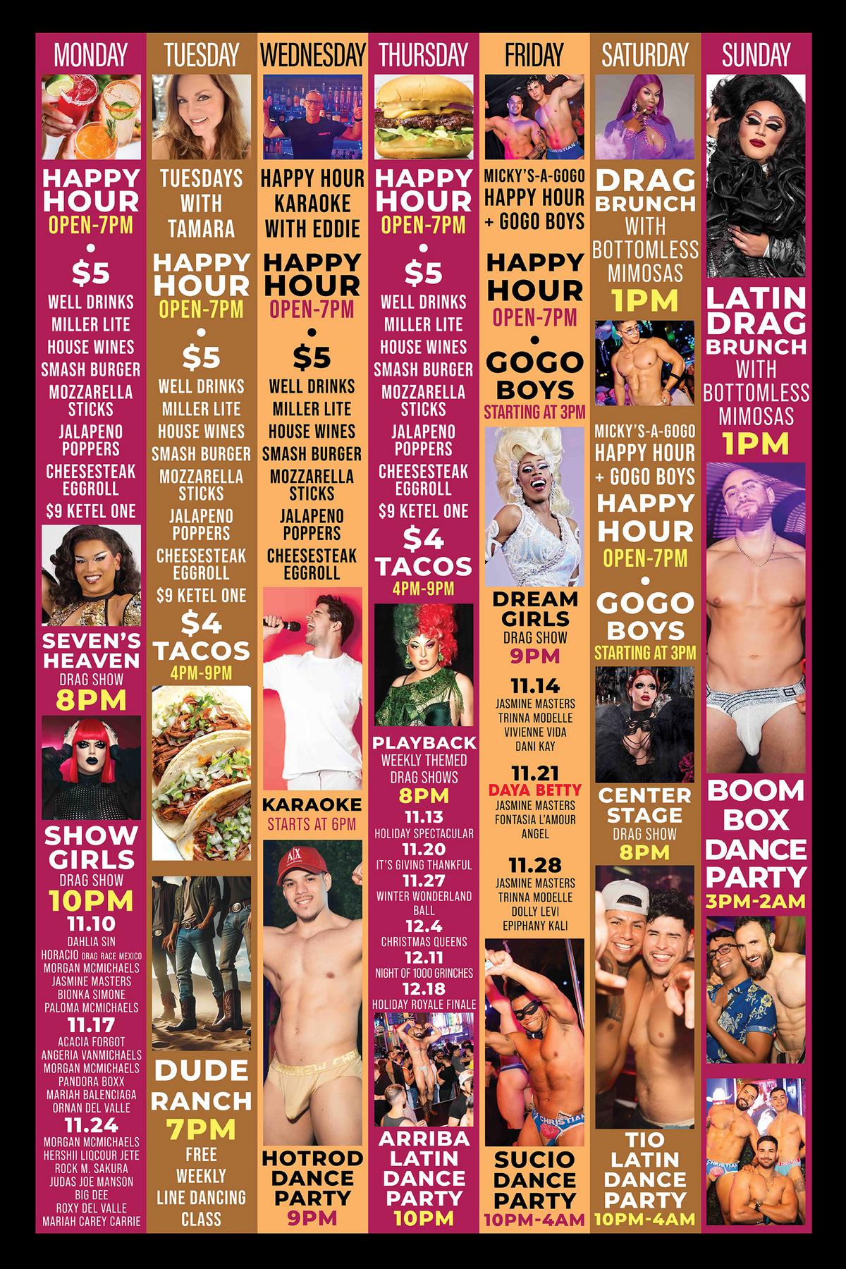 A vibrant, detailed weekly events poster for Micky's West Hollywood featuring various themed events across the week like karaoke, drag shows, dance parties, and happy hours. Noteworthy attractions include 'Karaoke with Eddie', 'Dream Girls Drag Show', and weekend dance parties including 'Boom Box Dance Party'. Key specials mentioned are $5 drink deals and $4 tacos during certain hours.