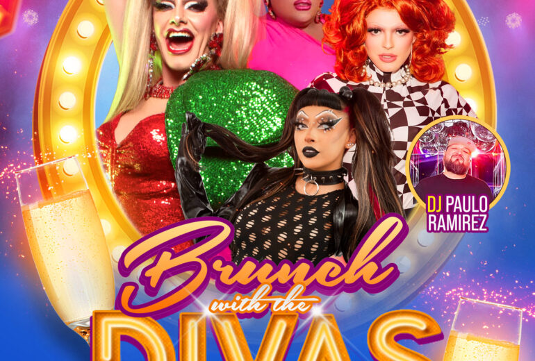 Promotional image for 'Brunch with the Divas' hosted by Karen Beaches on Saturday, November 8th at Micky's WeHo. Features colorful and vivid portraits of drag performers Sabbyiana, Maxine on TV, and Miz Tonz Massacr with DJ Paulo Ramirez. Event details include the date and time, venue information, and reservation link.