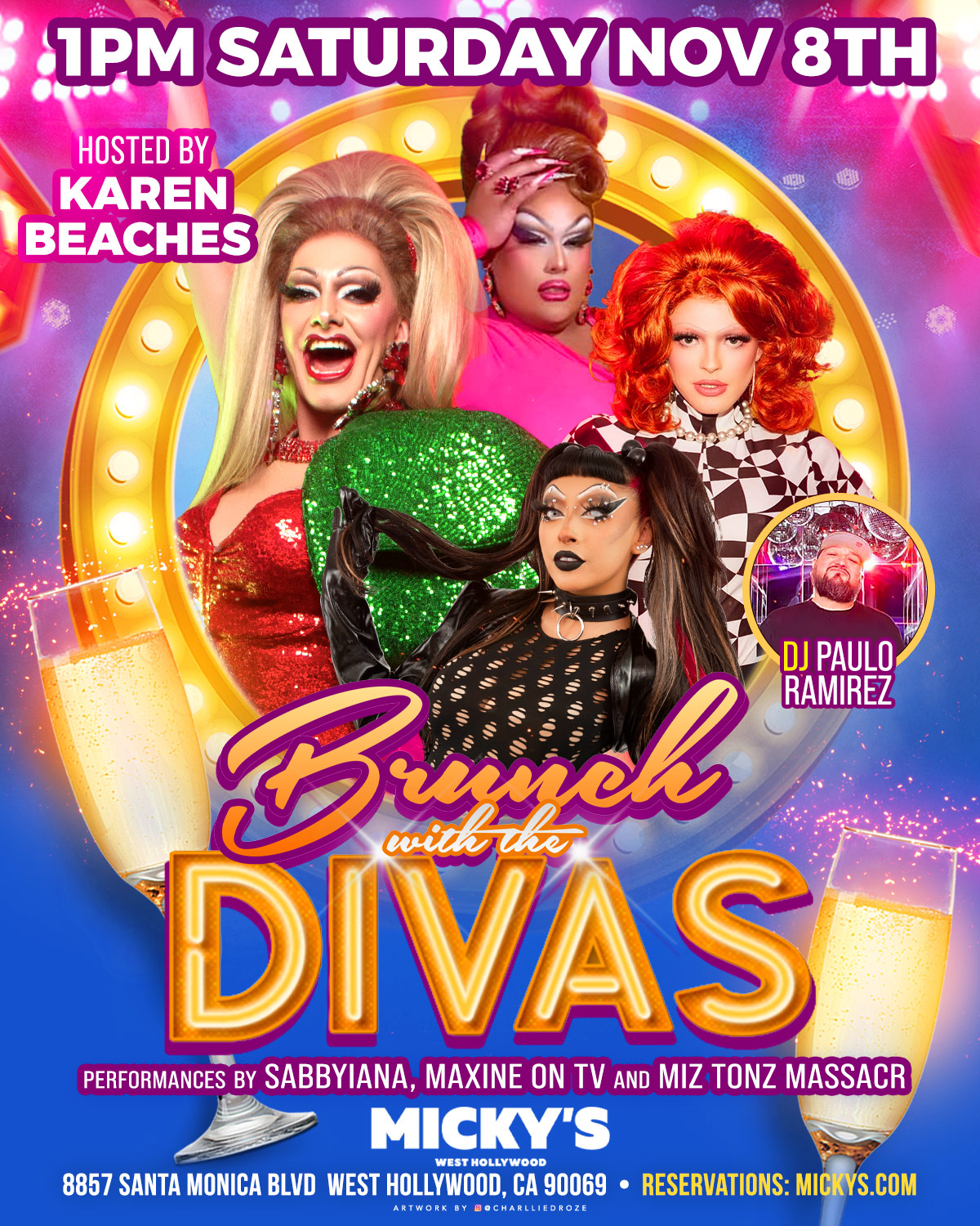 Promotional image for 'Brunch with the Divas' hosted by Karen Beaches on Saturday, November 8th at Micky's WeHo. Features colorful and vivid portraits of drag performers Sabbyiana, Maxine on TV, and Miz Tonz Massacr with DJ Paulo Ramirez. Event details include the date and time, venue information, and reservation link.