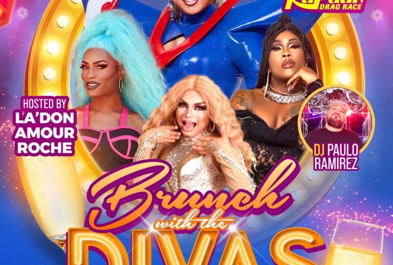 Promotional image for 'Brunch with the Divas' on Saturday, November 15 at 1 PM, hosted at Micky's West Hollywood. Features La'Don Amour Roche as host, special guest Rock M. Sakura, and performances by La Chiquis and Porshaa Lejayy, with DJ Paulo Ramirez providing music. The backdrop showcases vibrant drag attire and a festive atmosphere.
