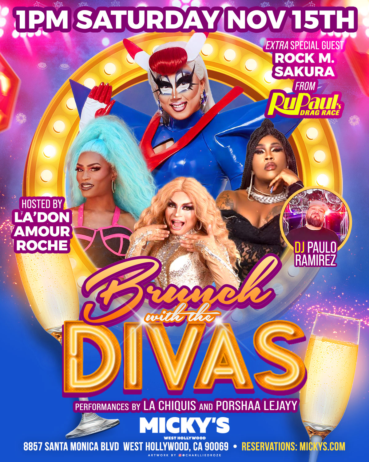 Promotional image for 'Brunch with the Divas' on Saturday, November 15 at 1 PM, hosted at Micky's West Hollywood. Features La'Don Amour Roche as host, special guest Rock M. Sakura, and performances by La Chiquis and Porshaa Lejayy, with DJ Paulo Ramirez providing music. The backdrop showcases vibrant drag attire and a festive atmosphere.