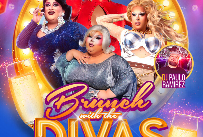 A vibrant promotional poster for 'Brunch with the Divas' at Micky’s West Hollywood, featuring four drag performers in glamorous attire, set against a bright and colorful backdrop with a DJ in the corner. Event details include the host Amber Crane, DJ Paulo Ramirez, performances by La Chiquis and Porshaa Lejay, on Saturday, November 22nd at 1 PM.