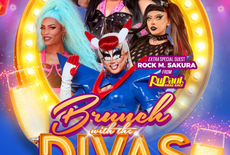 Event poster for 'Brunch with the Divas' at Micky's West Hollywood, featuring drag performers Joella, Rock M. Sakura, and host La'Don Amour Roche in vibrant costumes against a backdrop of brunch graphics like champagne and colorful spotlights. Date and time listed as 'Saturday Nov 29th at 1 PM'.