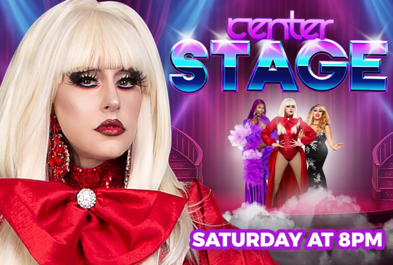 Promotional poster for 'Center Stage' at Micky's West Hollywood, showcasing three drag performers in vibrant costumes against a dynamic purple and blue backdrop, with the text 'Saturday at 8PM'.