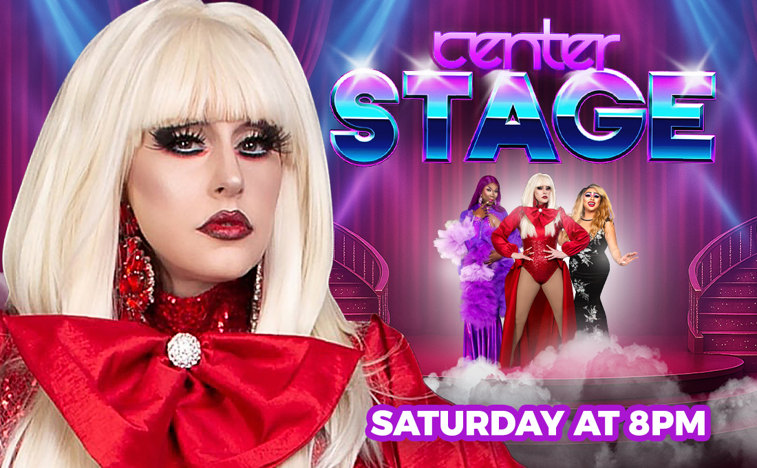Promotional poster for 'Center Stage' at Micky's West Hollywood, showcasing three drag performers in vibrant costumes against a dynamic purple and blue backdrop, with the text 'Saturday at 8PM'.